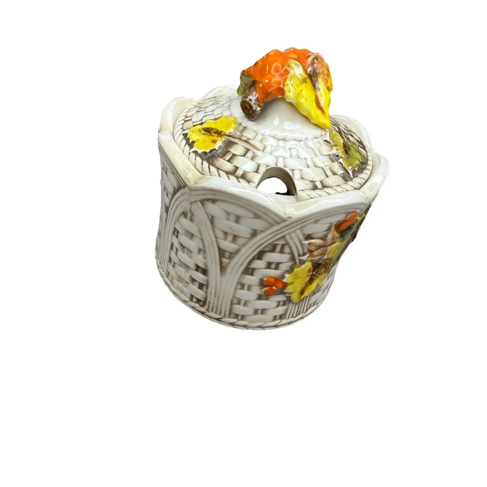 Vintage Ardco Japan Ceramic Pumpkin Lidded Jar Basket Weave Fall Canister